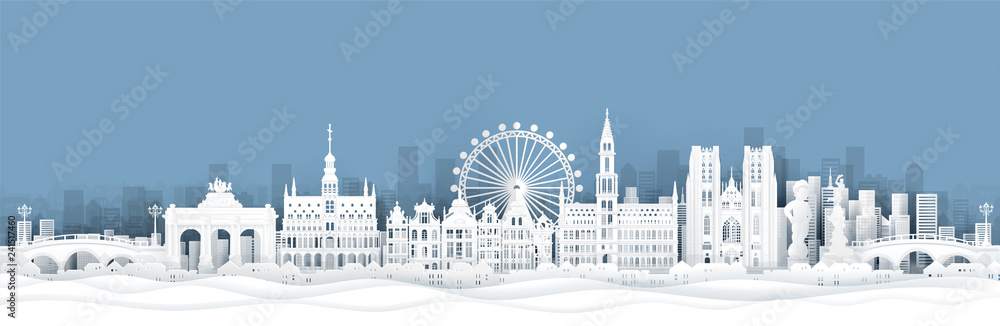 Panorama view of Belgium skyline with world famous landmarks in paper cut style vector illustration - obrazy, fototapety, plakaty 