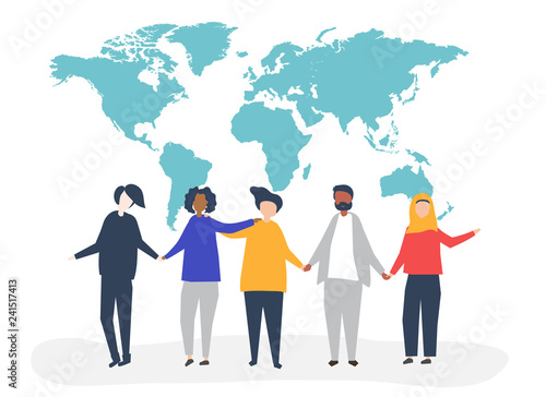 Character illustration of people with a world map illustration