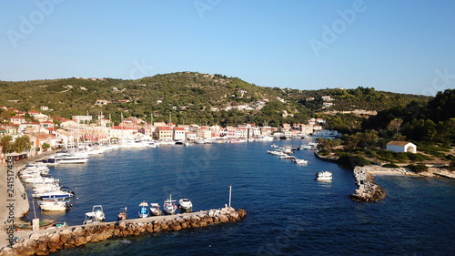 Aerial drone bird s eye view photo of iconic small safe port of Gaios with traditional Ionian architecture and sail boats docked  Paxos island  Ionian  Greece