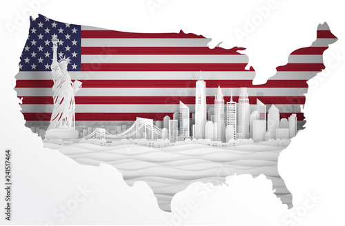 Panorama view of New York City, United States of America skyline with world famous landmarks in map concept. Paper cut style vector illustration