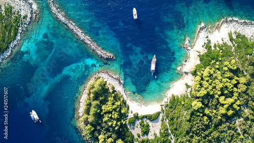 Aerial drone photo of iconic seaside village of Gaios, a safe harbor for yachts and sailboats, Paxos island, Ionian, Greece