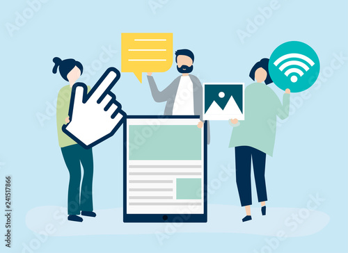 People carrying different icons related to online media