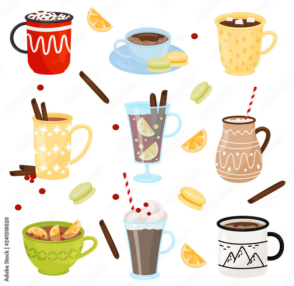 Flat vector set of mugs with hot drinks. Coffee with cinnamon sticks, cocoa with marshmallows, tea and mulled wine Flat vector set of mugs with hot drinks. Coffee with cinnamon sticks, cocoa with marshmallows, tea and mulled wine