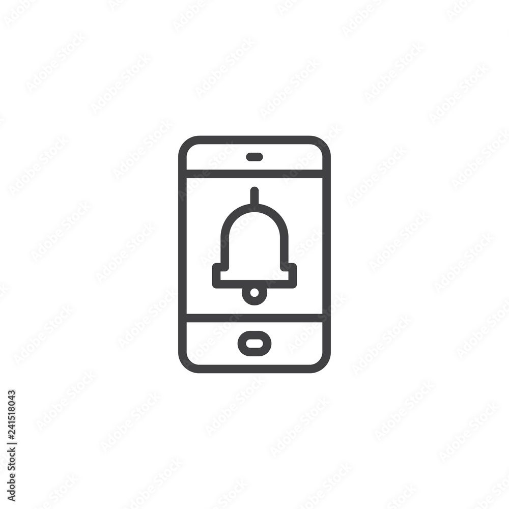 Mobile phone notification outline icon. linear style sign for mobile concept and web design. Tablet screen with bell simple line vector icon. Symbol, logo illustration. Pixel perfect vector graphics Mobile phone notification outline icon. linear style sign for mobile concept and web design. Tablet screen with bell simple line vector icon. Symbol, logo illustration. Pixel perfect vector graphics