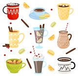 Flat vector set of mugs with hot drinks. Coffee with cinnamon sticks, cocoa with marshmallows, tea and mulled wine