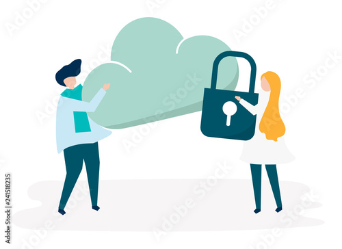 Characters of a couple and a cloud security illustration