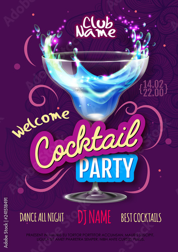 Cocktail party poster in eclectic modern style. Realistic cocktail photo