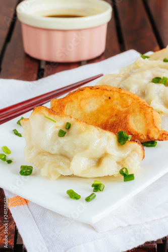 Chicken Potstickers Dumplings with Chopsticks