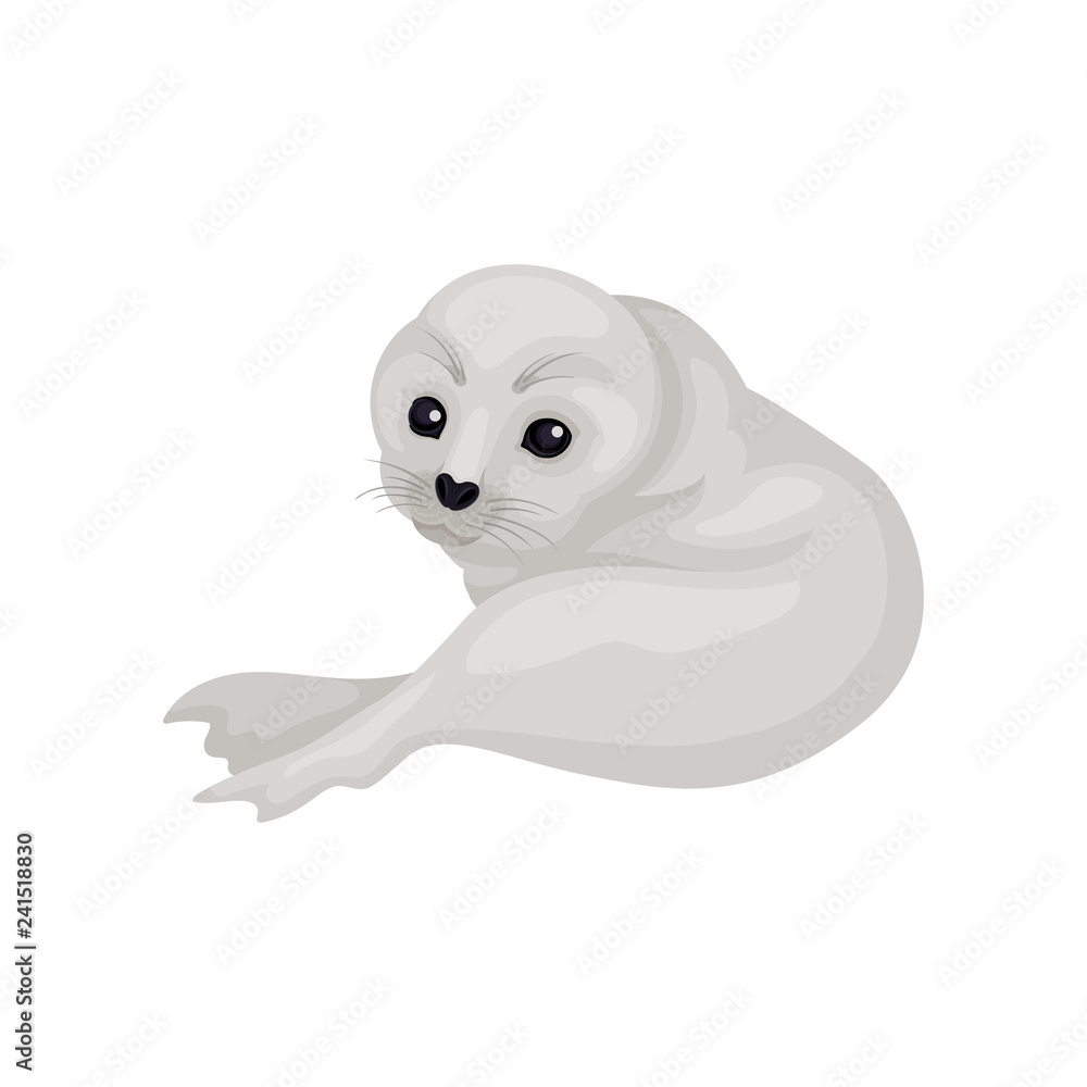 Adorable gray seal pup lying isolated on white background, back view. Marine mammal. Arctic animal. Flat vector icon Adorable gray seal pup lying isolated on white background, back view. Marine mammal. Arctic animal. Flat vector icon