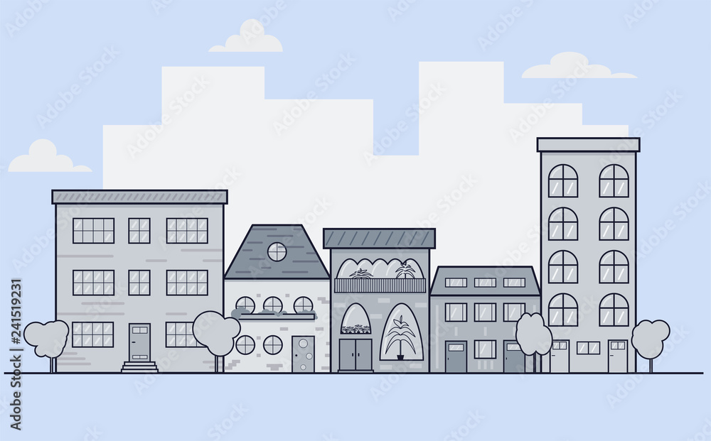 Street houses in the city. Houses in flat design. A number of different houses. Black and white colors. Examples of facades. Multi-story houses. Vector.