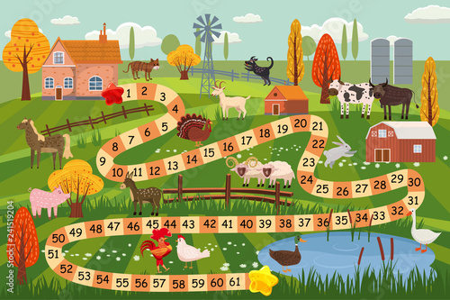 Farm animals board game, cow, bull, sheep, rooster, chicken, dog, cat, ram, goat, horse, duck, goose, turkey, farm buildings, rural landscape, breeding, vector, illustration, isolated, cartoon style