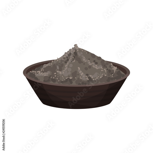 Black pepper powder in ceramic bowl. Spicy condiment. Seasoning for food. Natural spice for dishes. Flat vector design