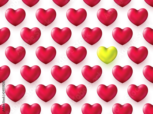 3D Metallic Heart Valentine's Day background. Beautiful realistic shape of red and gold Hearts. Decorative grid layout.