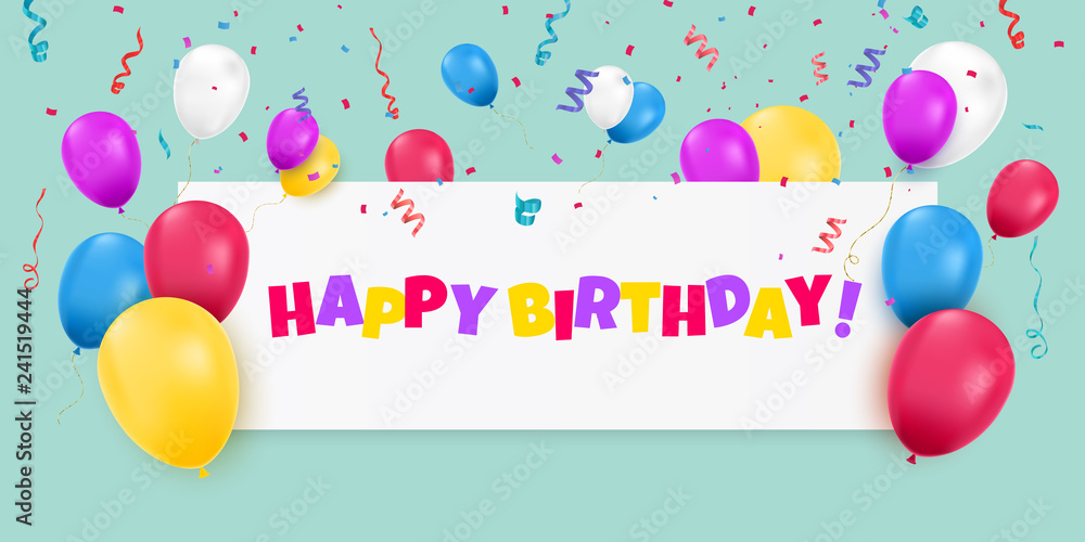 Happy Birthday banner with color balloons and confetti on blue background.  Stock Vector | Adobe Stock