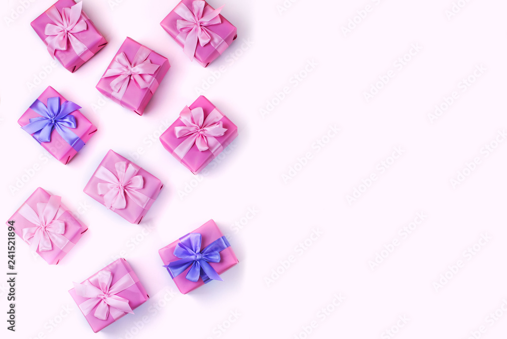 A set of gifts for a newborn pink color on a white background A top view of Flat lay Copy space horizontal Selective focus