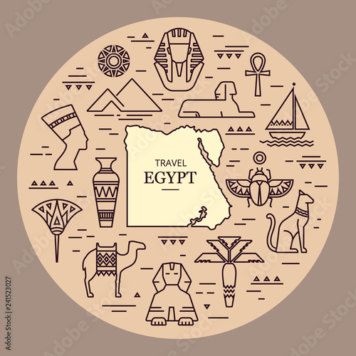 Set of vector flat design Egypt travel icons and graphics elements with landmarks, traditional signs and famous Egyptian symbols.