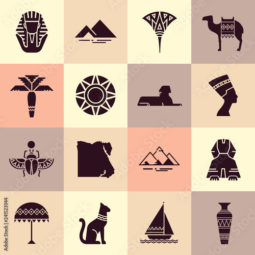 Set of vector flat design Egypt travel icons and graphics elements with landmarks, traditional signs and famous Egyptian symbols.