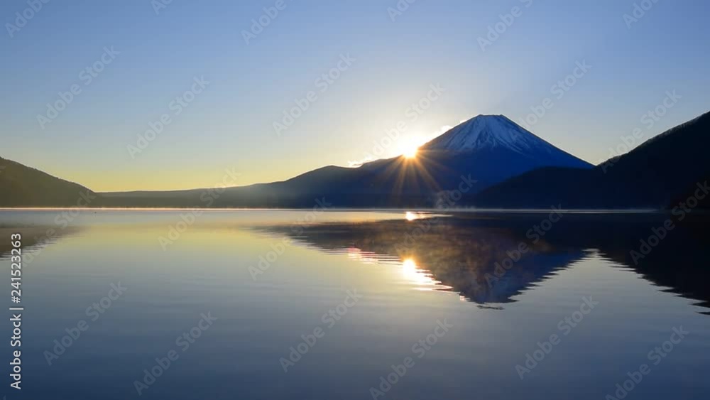 Mt. Fuji and Sunrise from Lake Motosu Japan wide panorama 01/02/2019 Mt. Fuji and Sunrise from Lake Motosu Japan wide panorama 01/02/2019