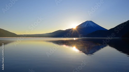 Mt. Fuji and Sunrise from Lake Motosu Japan wide panorama 01/02/2019