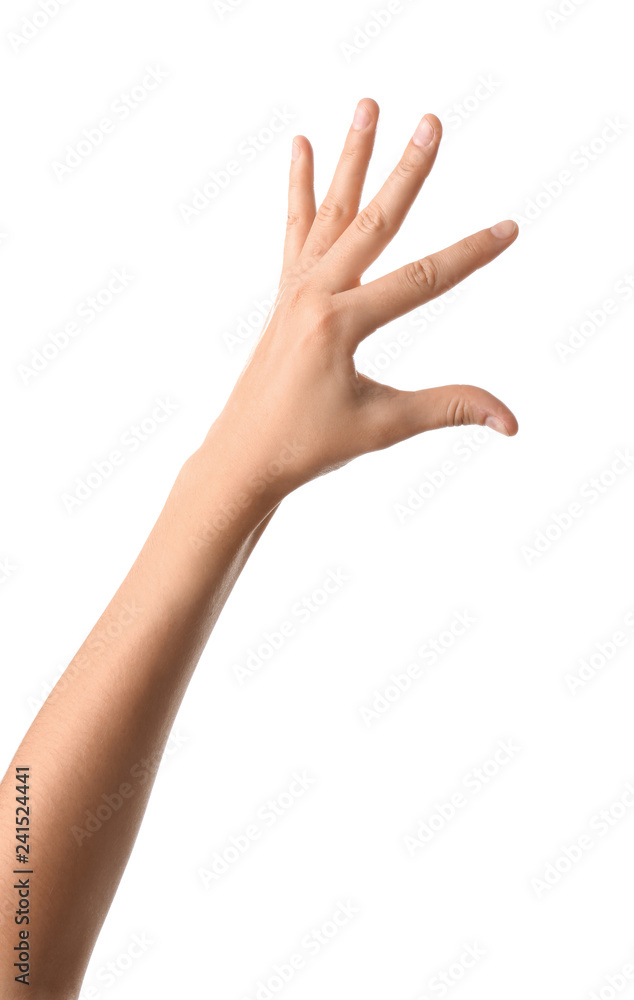 Female hand on white background