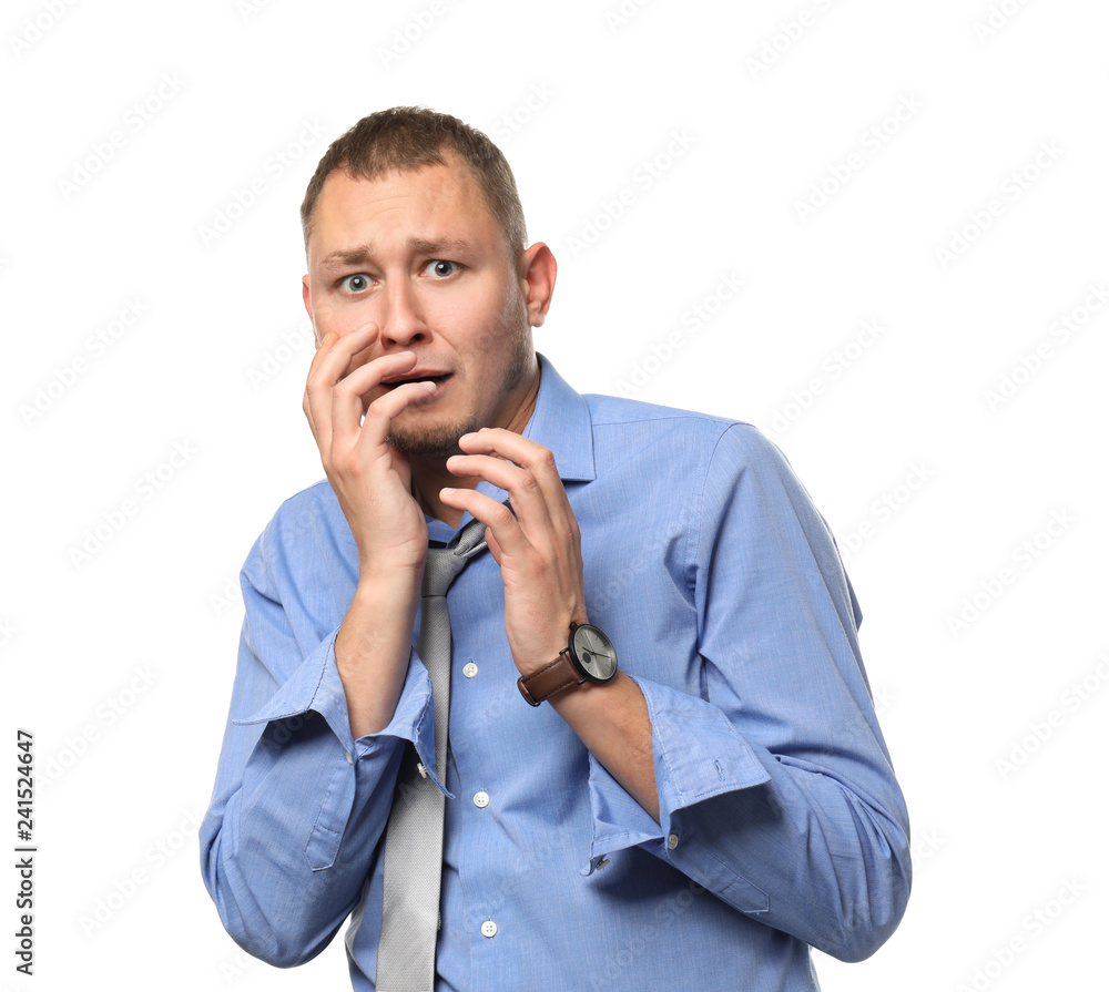 Businessman having panic attack on white background