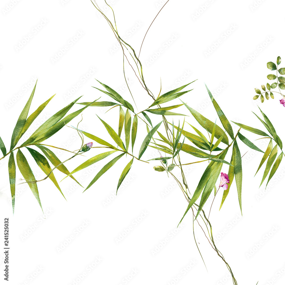 Watercolor painting of leaf and flowers, seamless pattern on white background Watercolor painting of leaf and flowers, seamless pattern on white background