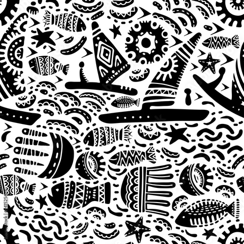 Subject sea and ocean.Template with aquatic inhabitants. Ships and marine inhabitants. Cute drawings on a white background. Vector graphics.