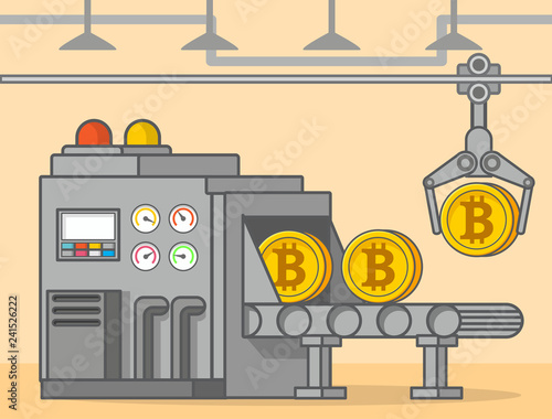 Factory conveyor bitcoin cryptocurrency mining.Golden coin.Digital money. Flat line art vector manufactory.