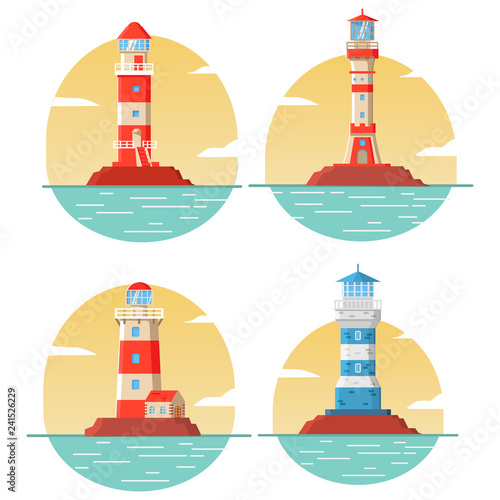 Lighthouse tower.Concept of design of an icon navigation sea.