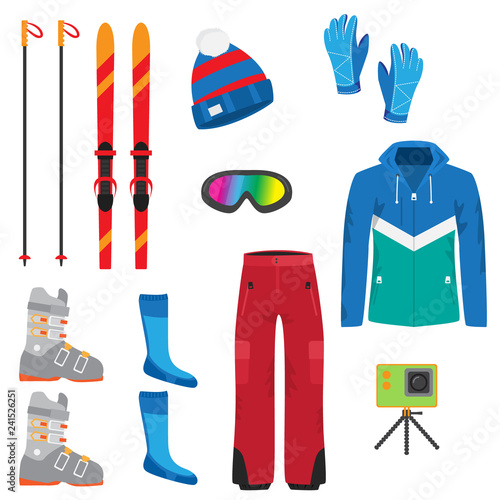 Set of winter accessories for extreme ski sport. Boots, skis, camera, helmet, pants, glasses, backpack.