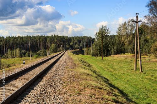 Railway. Railway tracks close up. Railway track extending into the distance.