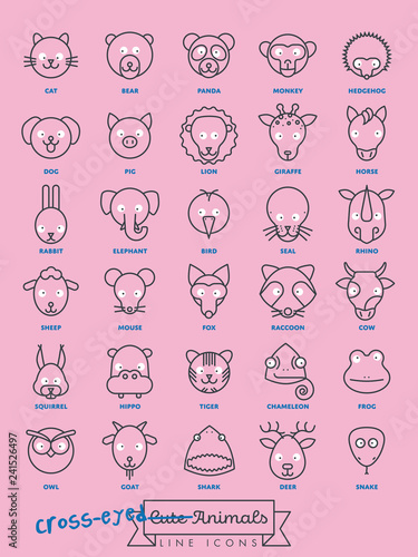 Cross-eyed animal faces line icon vector illustration