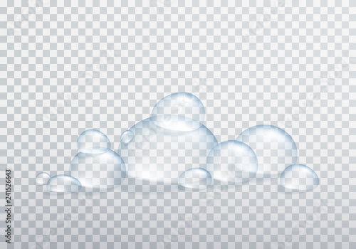 Shampoo or water bubbles isolated on transparent background. Vector shower gel, liquid soap foam template.