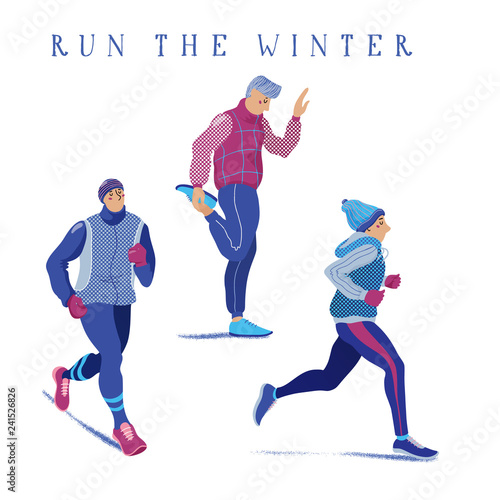 Set of young men warming up, running, jogging season, flat cartoon vector illustration isolated on white background. Set of men running, jogging, warming up in winter season, dressed in warm clothes