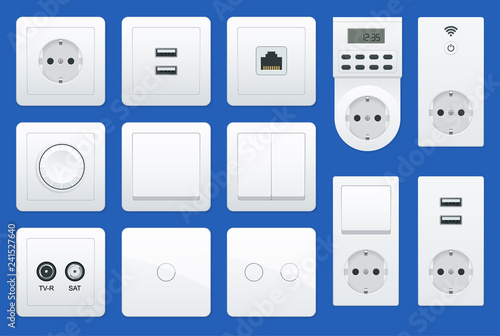 Switches and sockets set. All types. AC power sockets realistic illustration