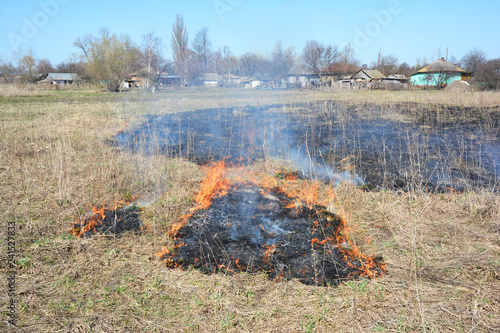 Grass burning near village houses. Burning grass releases more nitrogen pollution than burning wood