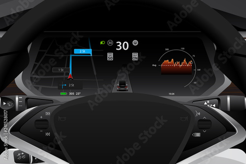 Self driving electric car dashboard display closeup. Speedometer, navigation, battery level and efficiency indicator