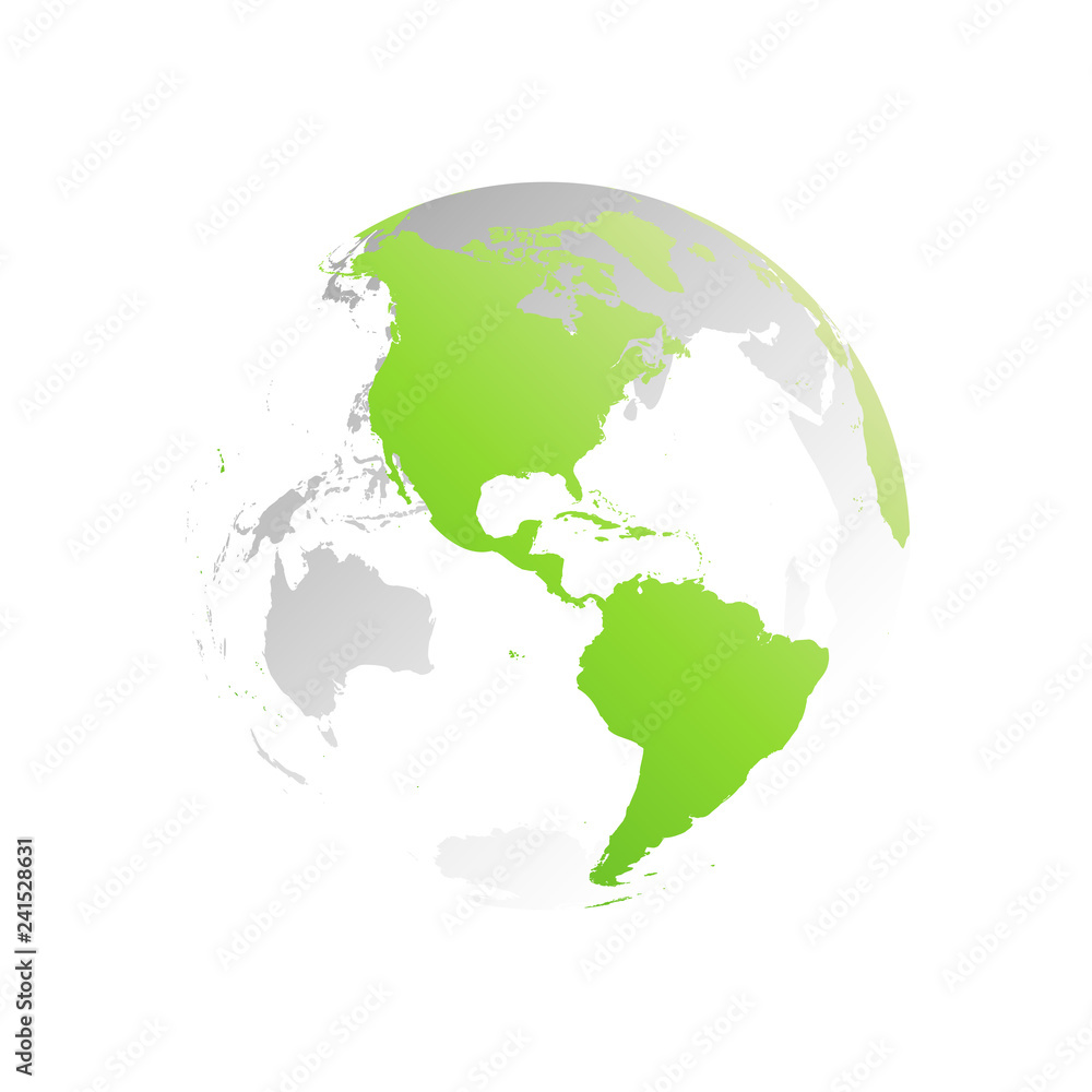 3D planet Earth globe. Transparent sphere with green land silhouettes. Focused on Americas.