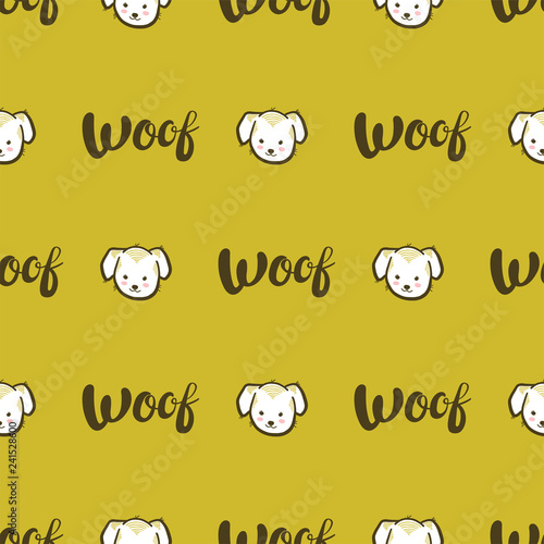 Vector seamless pattern with dogs and Woof lettering on golden-yellow background