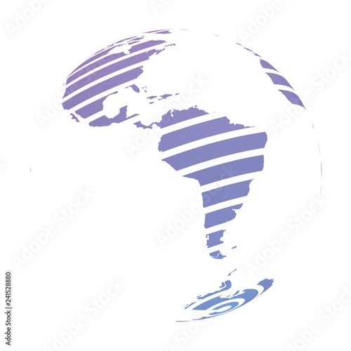 Earth globe with blue striped World land map focused on South America. 3D vector illustration.