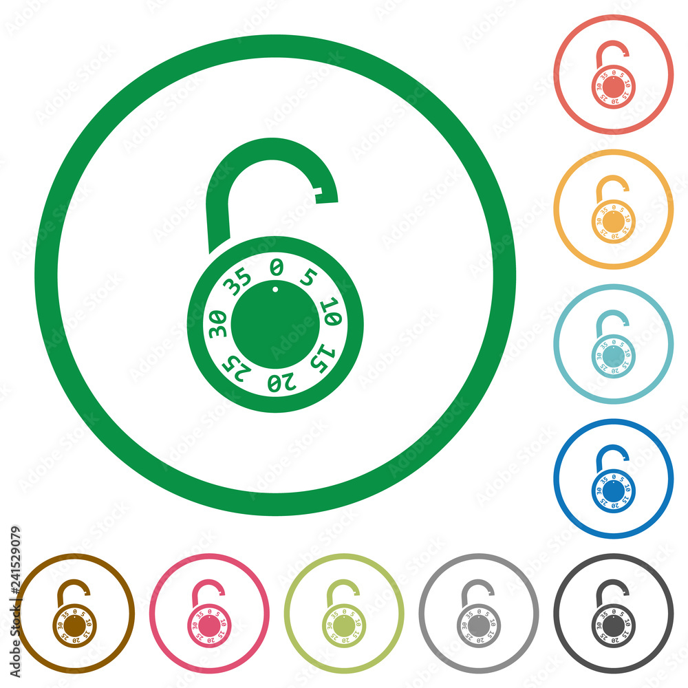 Unlocked round combination lock flat icons with outlines Unlocked round combination lock flat icons with outlines