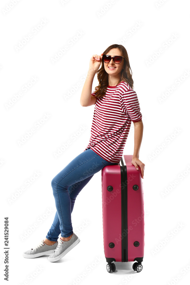 Female tourist with luggage on white background Female tourist with luggage on white background