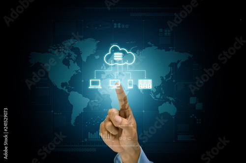 Cloud server application and hosting on internet network conceptual image