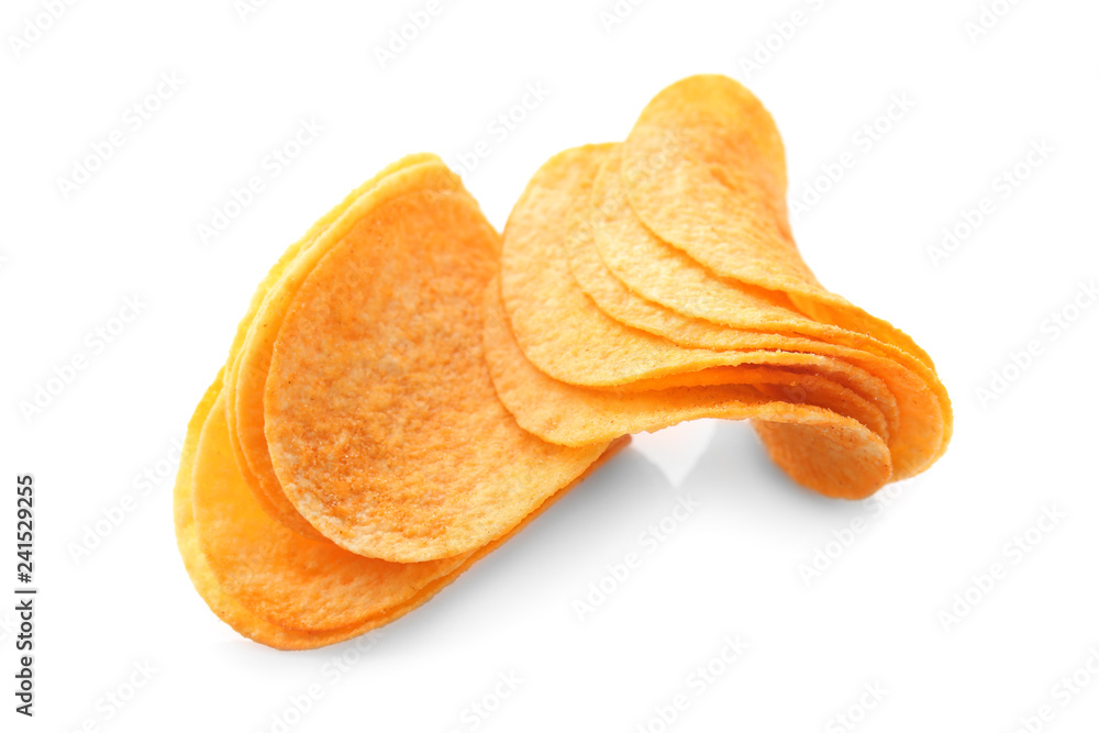 Tasty potato chips on white background Tasty potato chips on white background