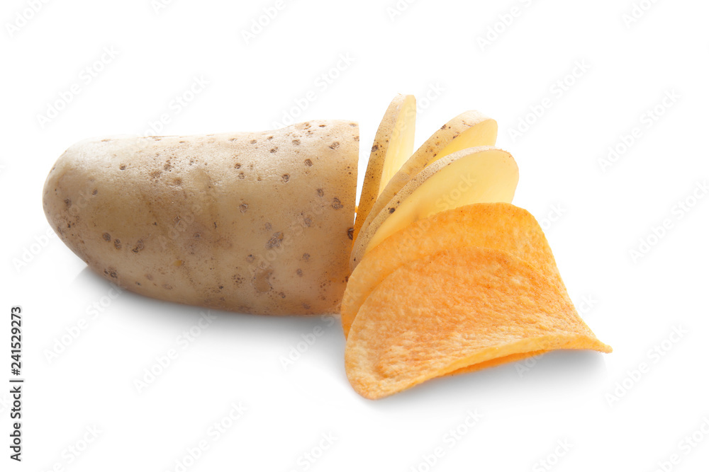Tasty raw potato with chips on white background