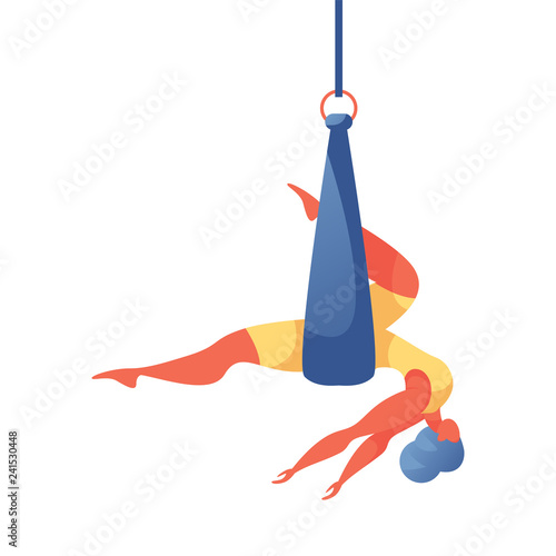Vector concept illustration with young oversized woman doing aerial silk yoga in hammock or ribbon. Wellness isolated on white acrobatic girl in flat contemporary style. Released hands, head down.