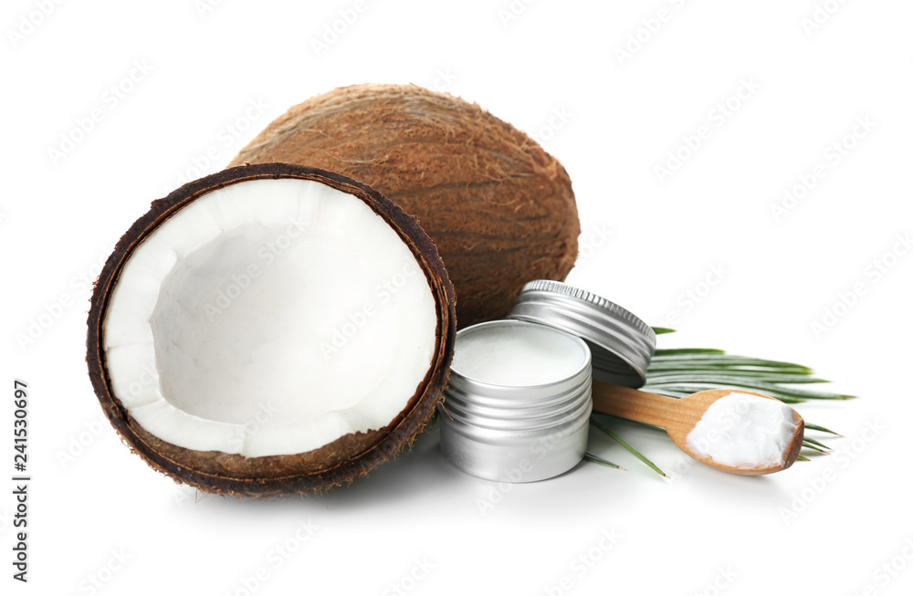 Coconut oil for hair care on white background Coconut oil for hair care on white background