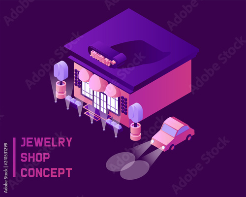 Jewelry shop concept in isometric 3d style. Dark blue background, pink and purple store front drawn with gradients at night. Isolated on background bright contemporary illustration.
