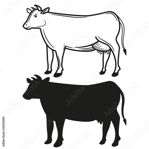 Set of silhouettes of cows. Black and white. Vecor illustration.