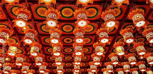 Many red lamp hanging on ceiling for annual festival in Chinese temple - Culture, Traditional, Group of object, Art and Decoration concept   © Nattasak